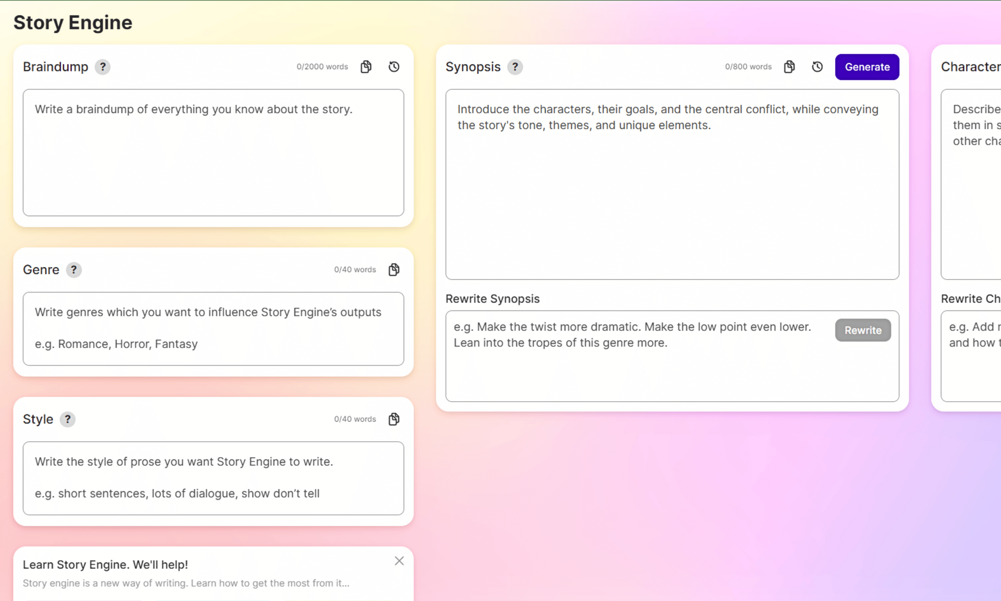 Story Engine,  intricate narratives based on user-provided plot or character detail
