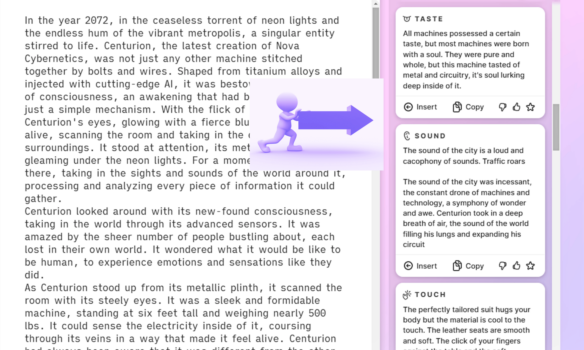 Sudowrite AI's Senses feature, used for creating vivid sensory descriptions