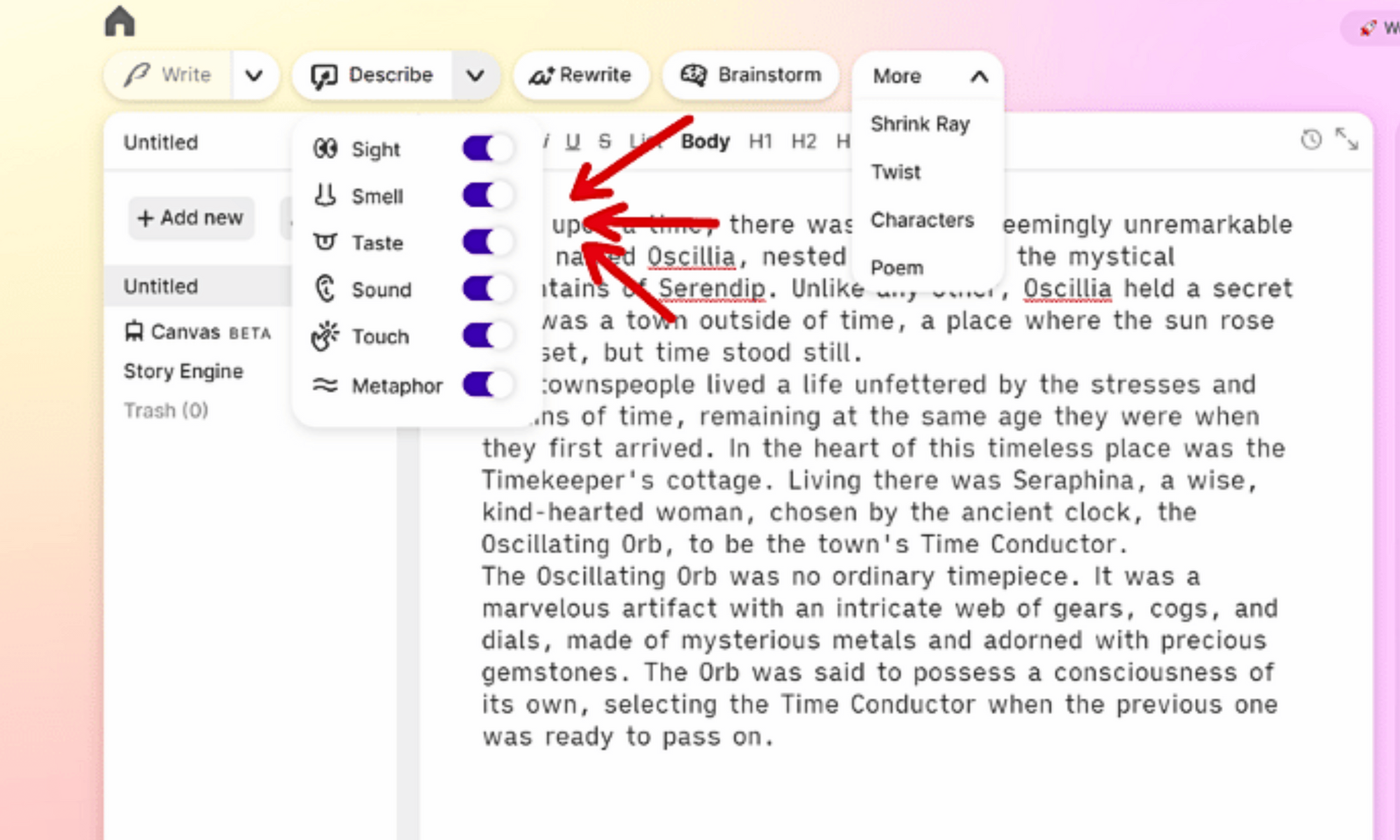 Sudowrite Describe feature, generating rich descriptions for user-inputted topics."