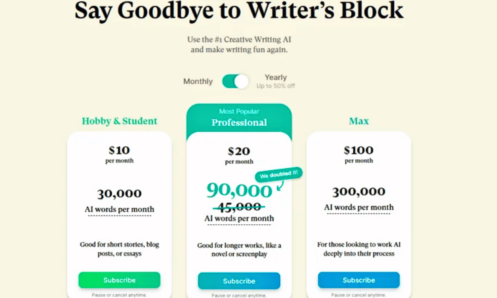 These are the prices currently for Sudowrite at the time this was written.