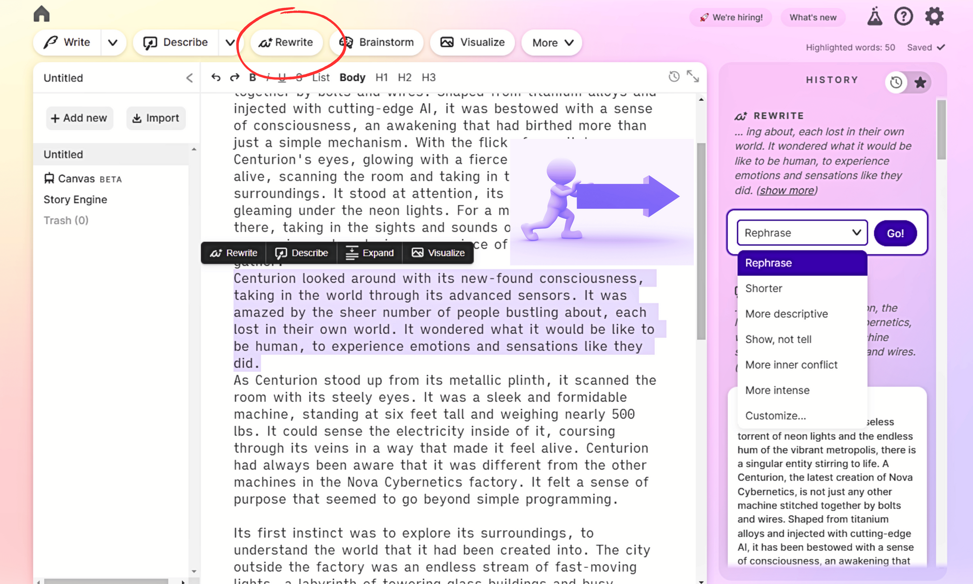 Rewrite feature, used to enhance and rephrase selected text for improved writing quality