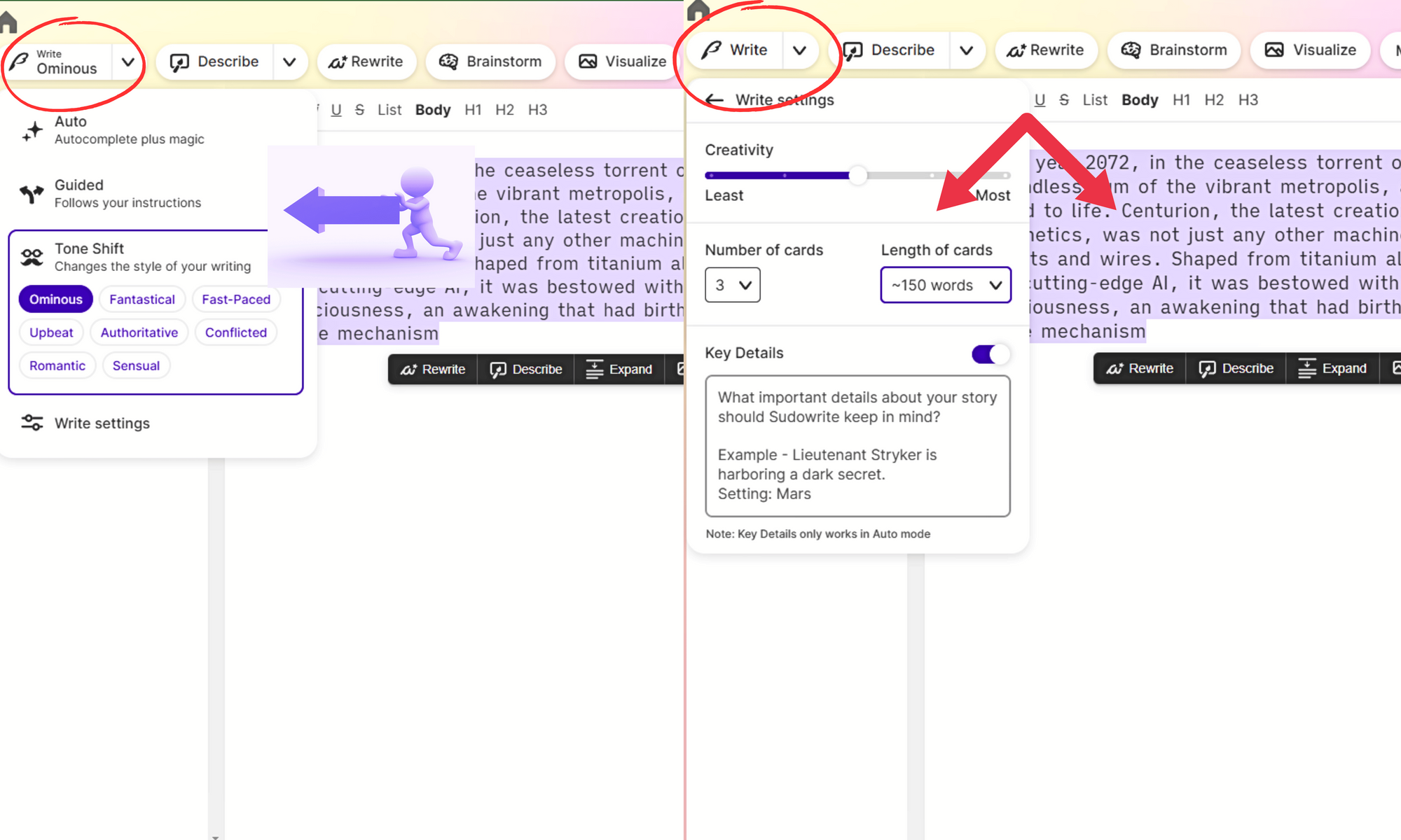  Sudowrite writing feature creative and comprehensive text based on given prompts