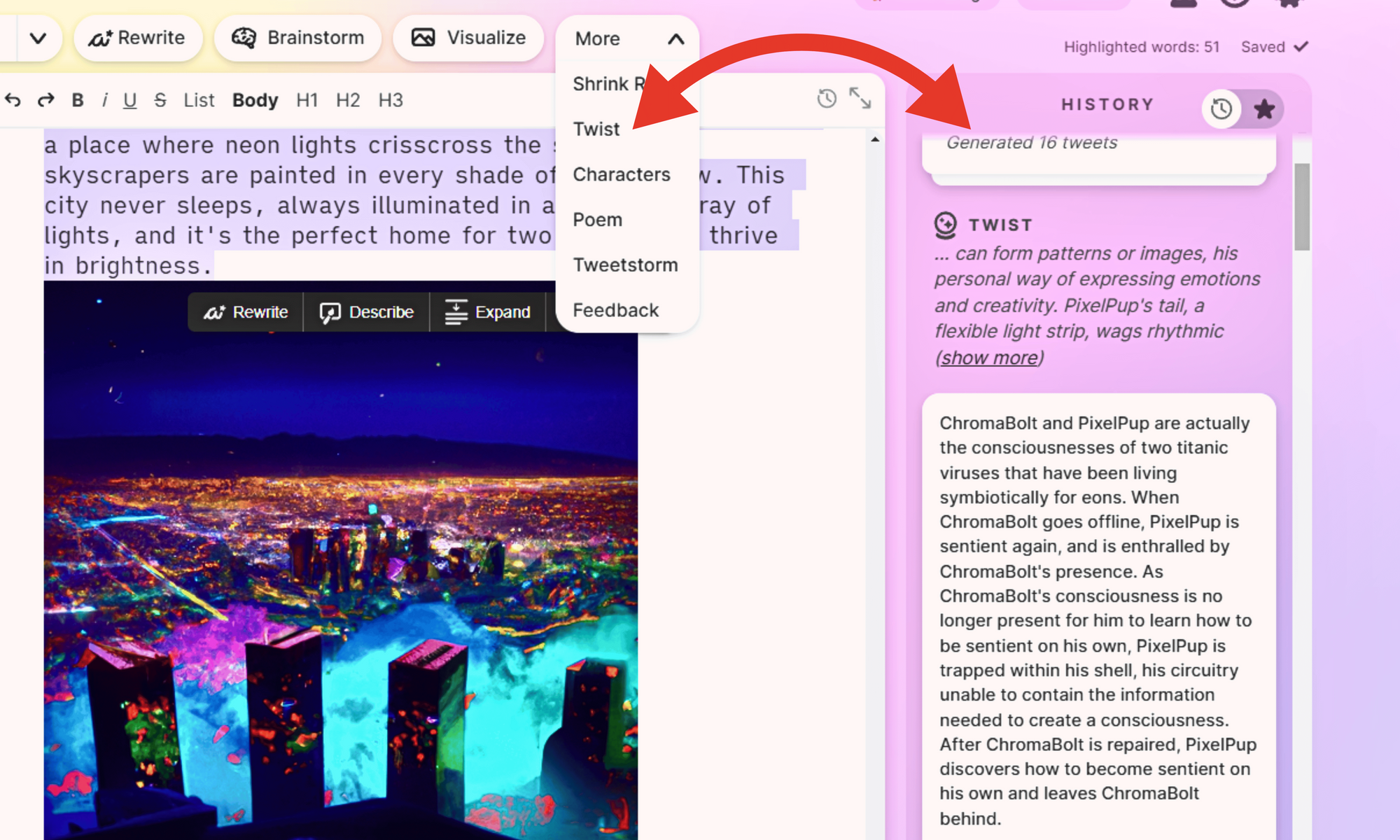 Visual illustration highlighting the 'Twist' feature, an innovative tool for adding unexpected turns in narratives on the Sudowrite platform