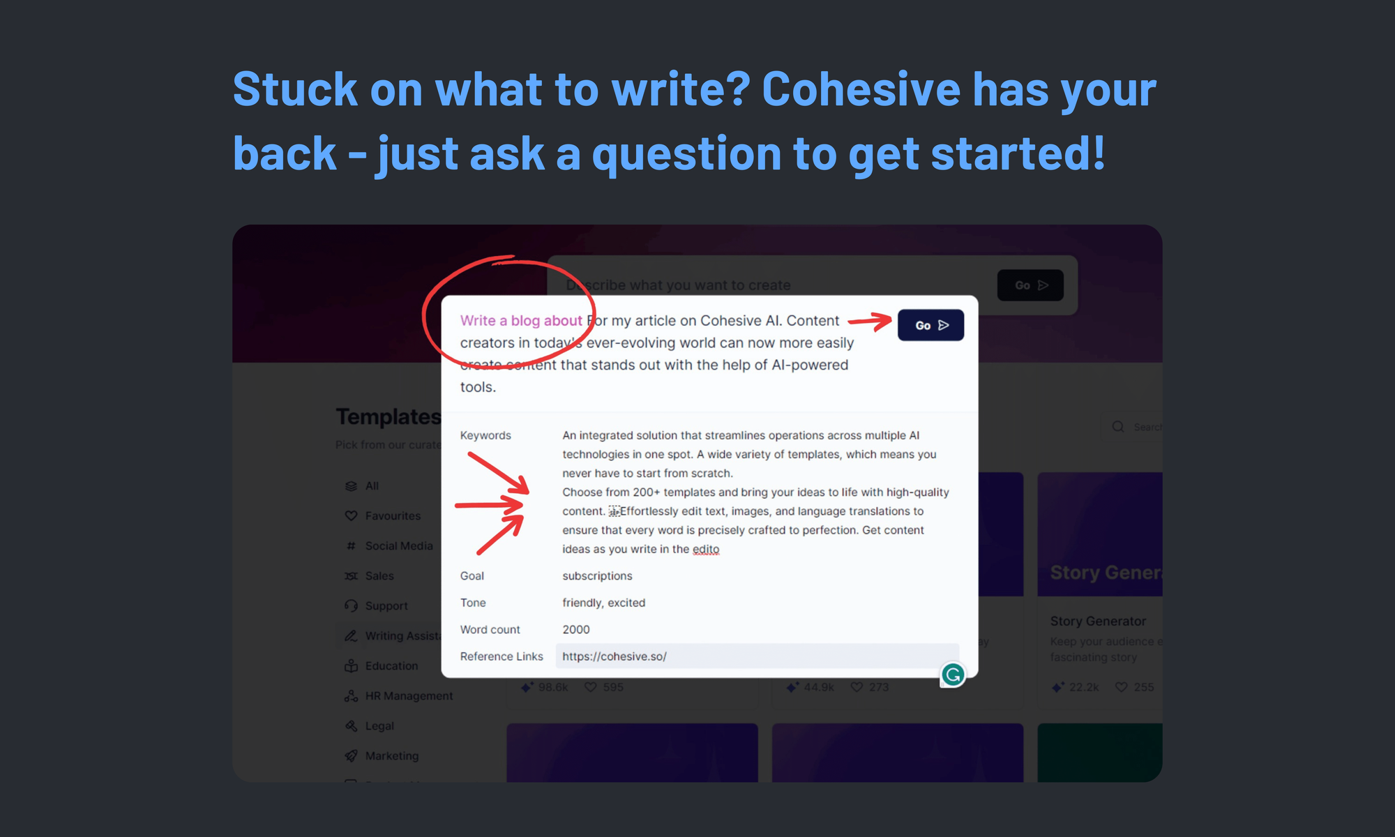 Cohesive AI, where a posed question triggers instant, relevant content generation.