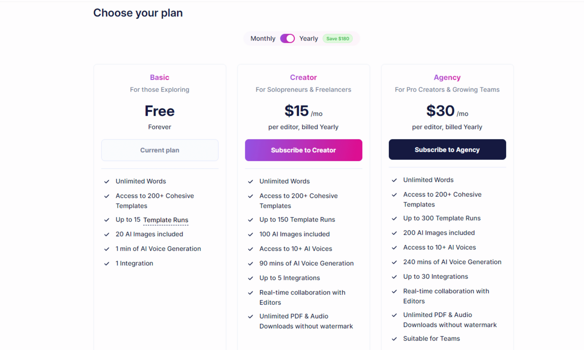 Overview of different pricing plans offered by Cohesive AI.
