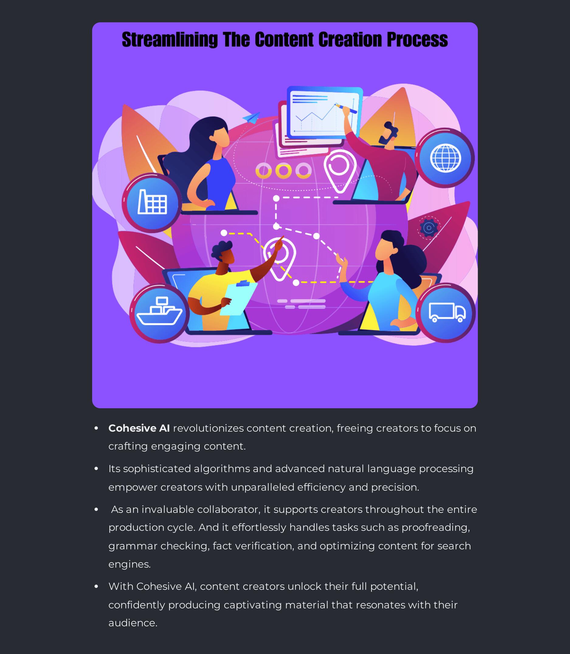 Streamlining content creation using the tools and features of Cohesive AI.