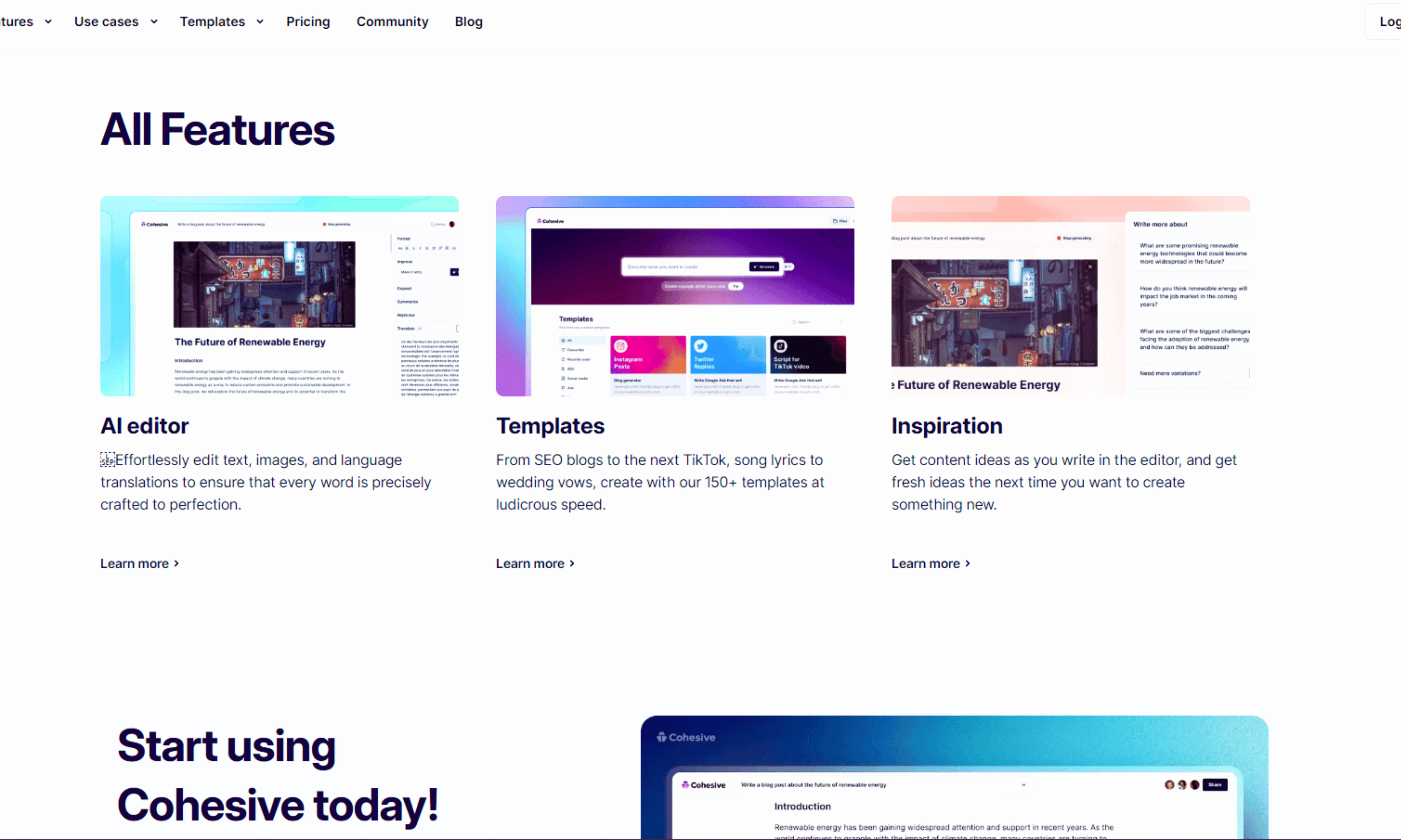 Features of Cohesive AI including AI Editor, customizable templates, and inspiration gallery