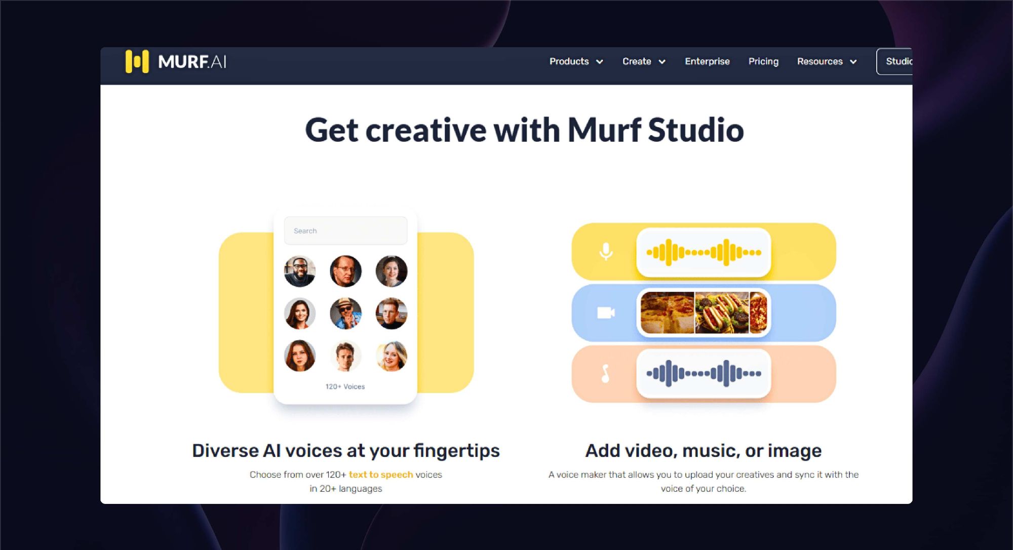 Diverse AI capabilities of Murf AI, highlighting options to add music, video, and images