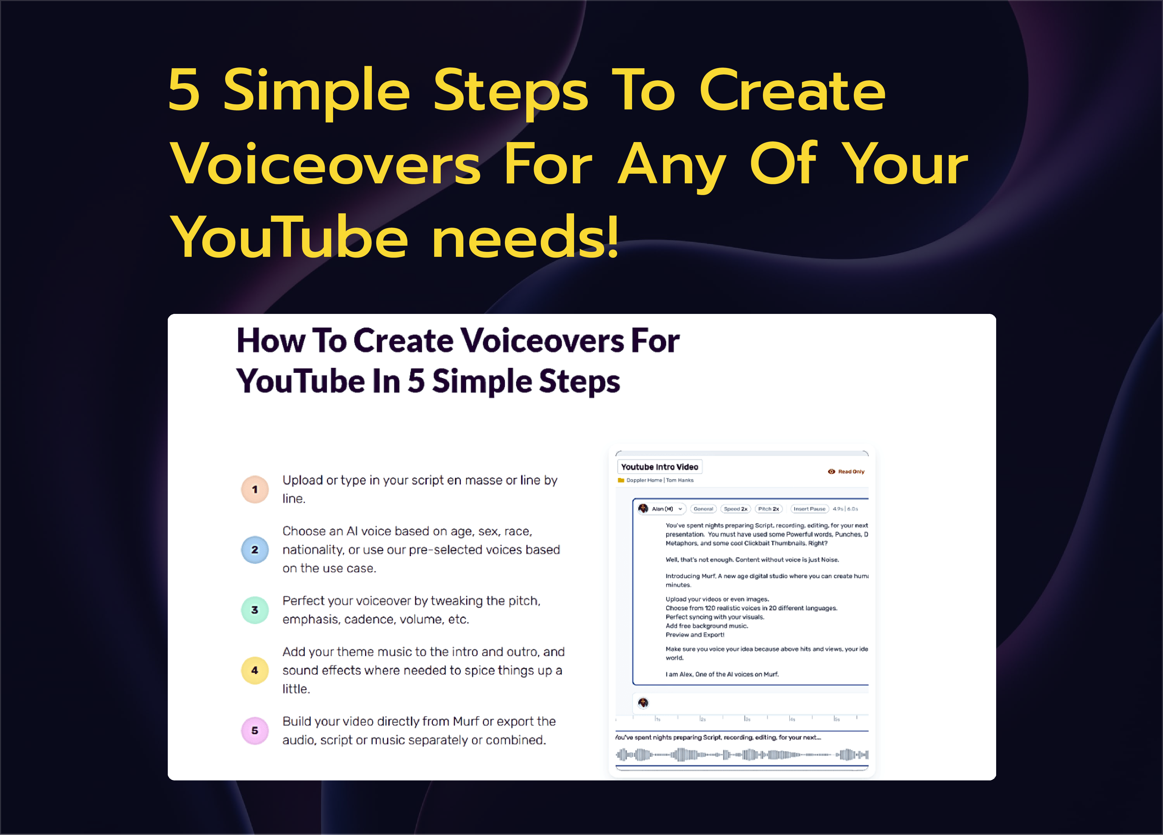 Infographic outlining five simple steps to create voiceovers for YouTube using Murf AI.