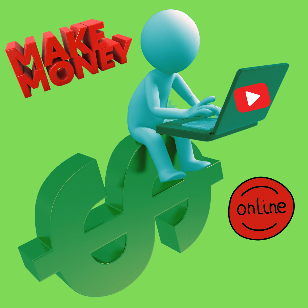 "Illustration of a figure seated atop a pile of money, editing a YouTube video.