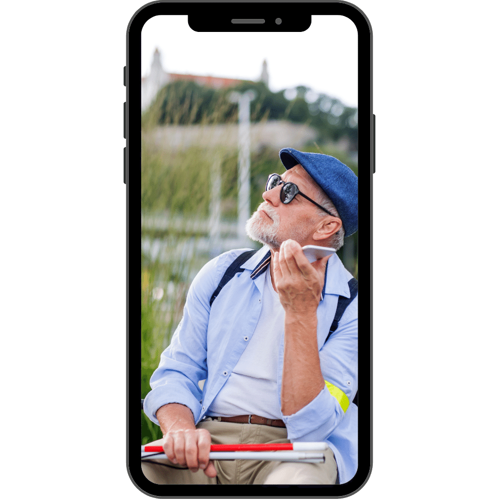 A visually impaired person using a text to speech app on a smartphone