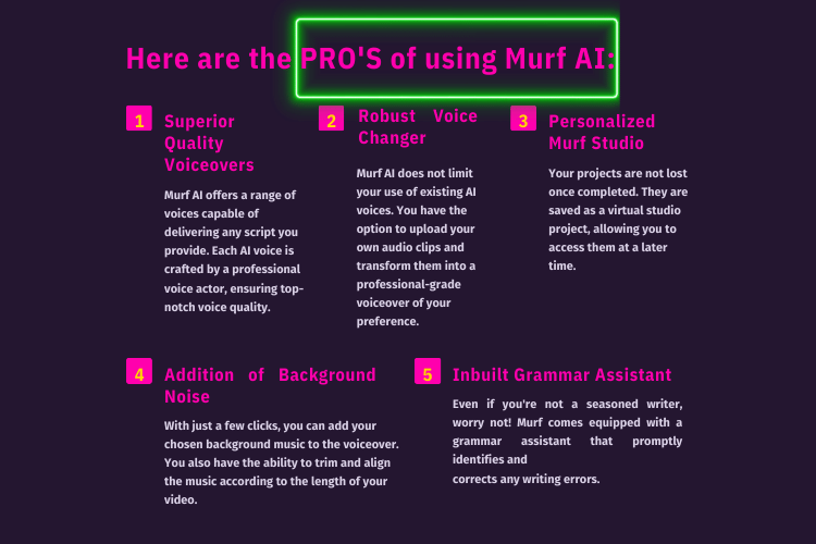 List highlighting the pros of Murf Ai