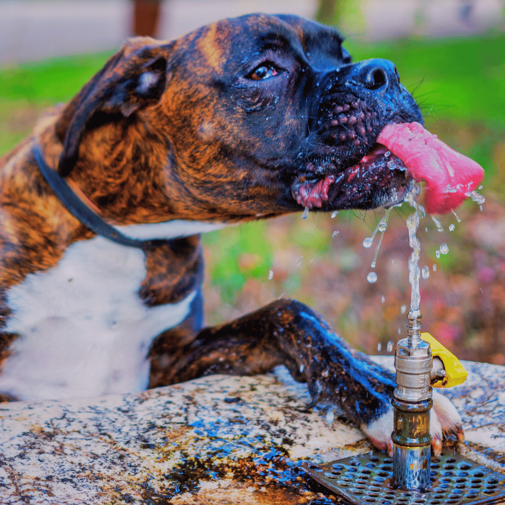 A dog with a water bowl to stay hydrated on a hot day