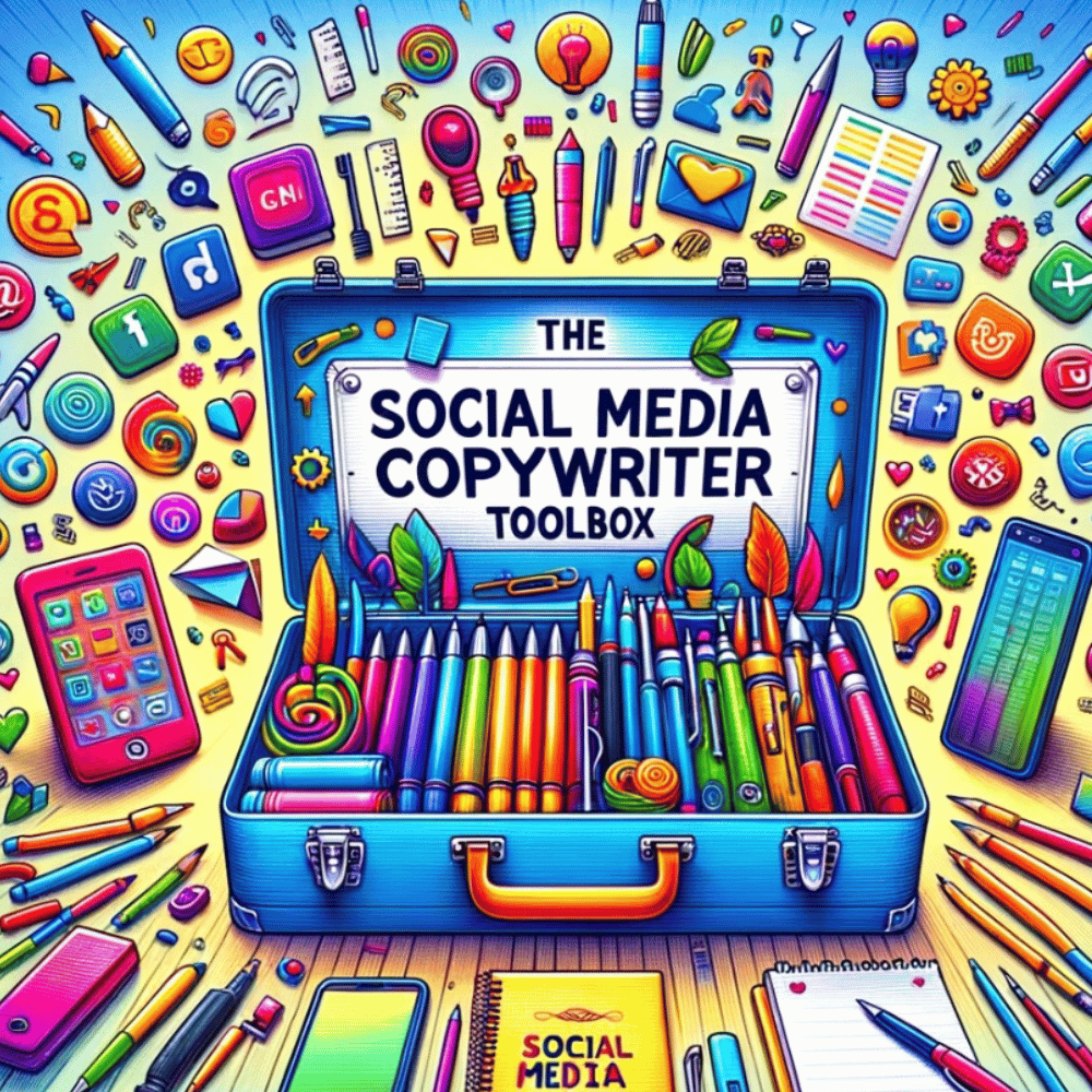 Kaleidoscope of bright colors surrounding toolbox labeled 'Social Media Copywriter's Toolbox